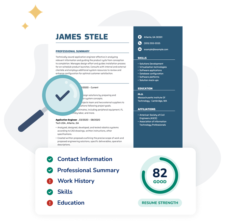 Illustration showing a professional resume being analyzed with a magnifying glass, a checklist highlighting contact information, professional summary, work history, skills, and education, and a resume strength score of 82 labeled as good, representing how resumes are shortlisted in top tech companies.