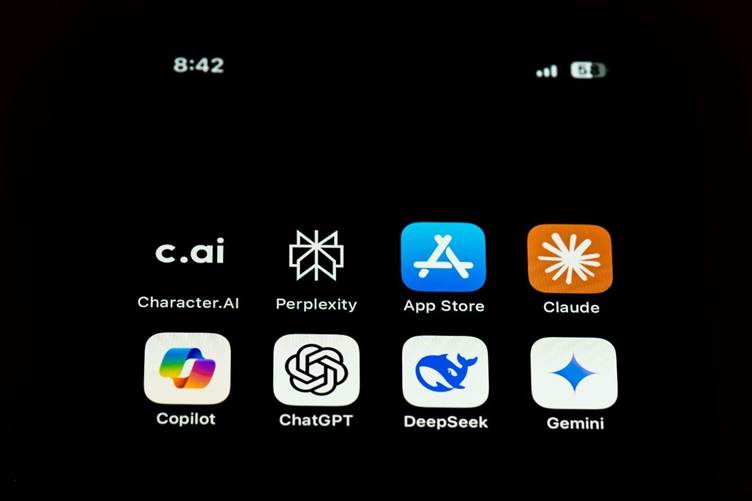 A smartphone home screen displaying AI-related apps, including Character.AI, Perplexity, App Store, Claude, Copilot, ChatGPT, DeepSeek, and Gemini, arranged in a grid against a dark background.