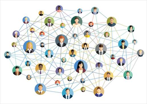 “Illustration showing a professional networking concept with diverse people icons connected by lines, representing internships, collaboration, mentorship, and career growth opportunities.”
