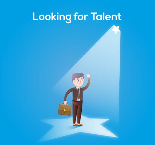 Illustration of a professional standing under a spotlight with the text “Looking for Talent”