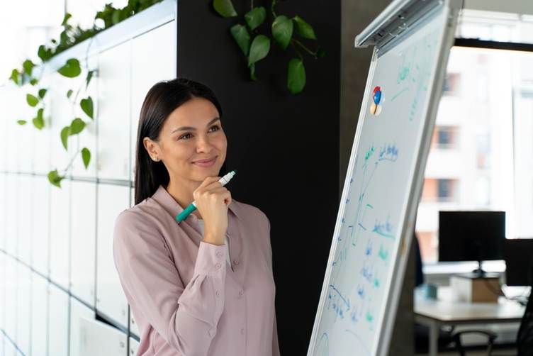 A professional woman holding a marker stands beside a whiteboard filled with charts and notes, smiling thoughtfully in a modern office setting.