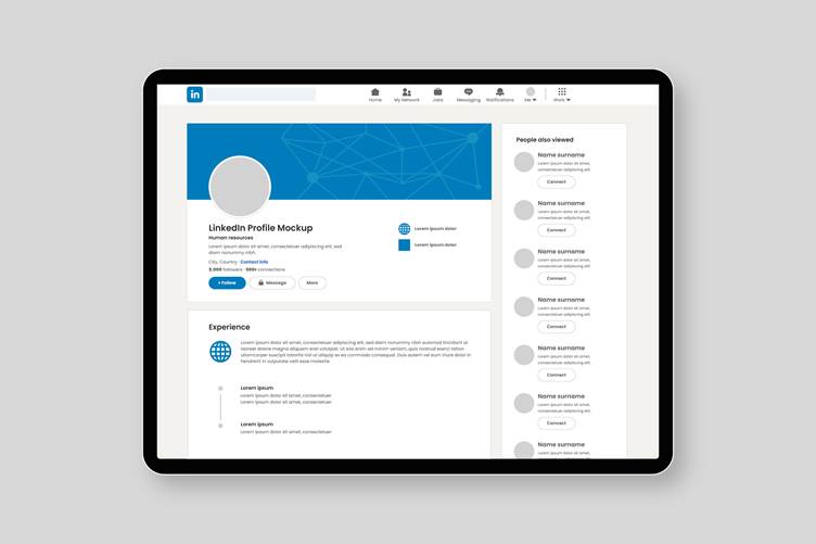 Tablet displaying a LinkedIn profile mockup with a profile photo placeholder, headline, experience section, and a sidebar showing suggested connections.